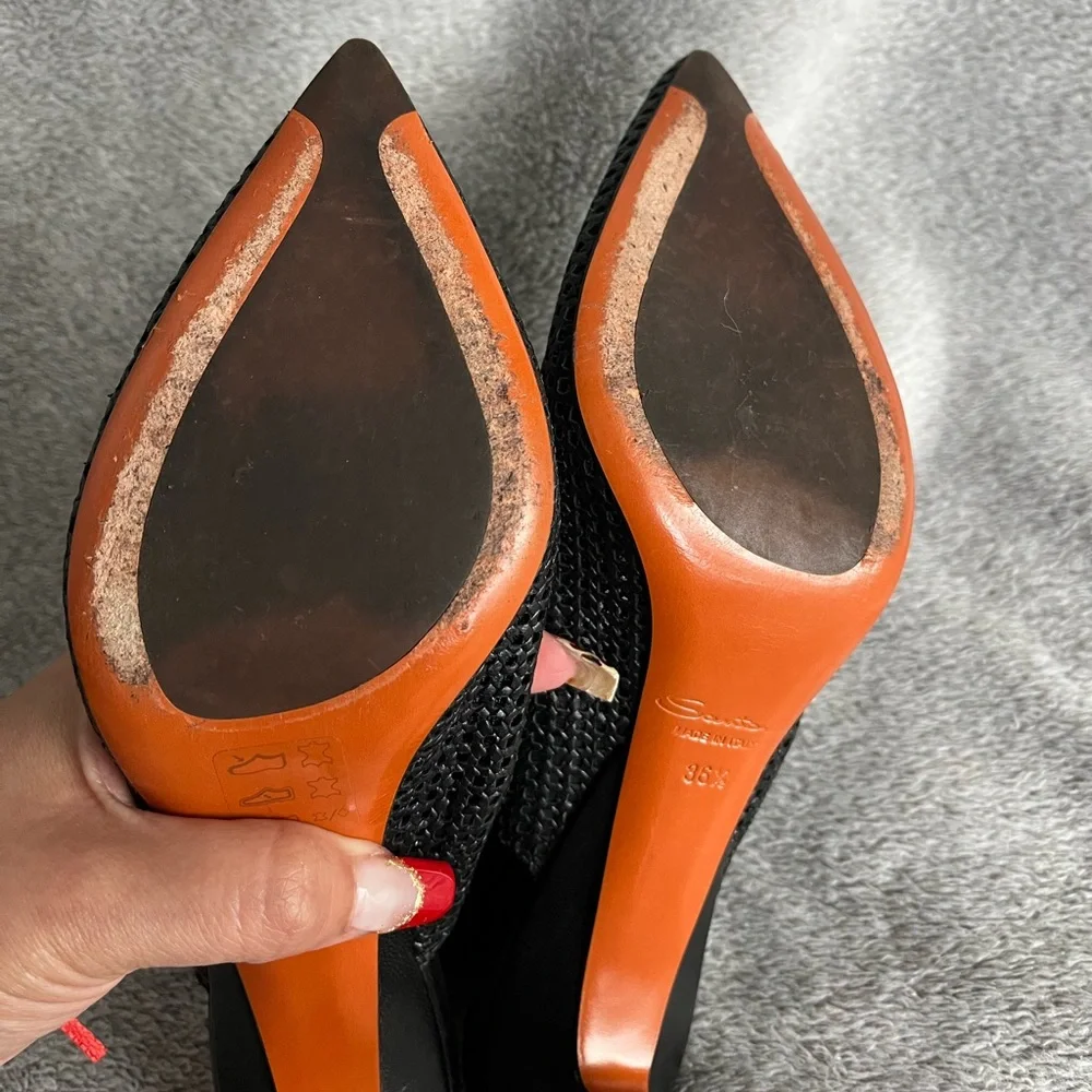 Santoni Black Woven Leather Slingback Heels | Size 36.5 (6.5 US)